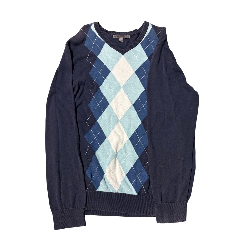 Old Navy Mens Argyle V-Neck Sweater Navy Blue Light Blue Size L Pullover